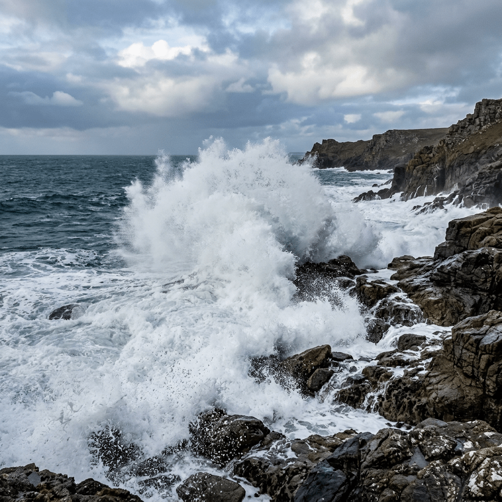 Large waves crashing on rocky coast with cloudy sky