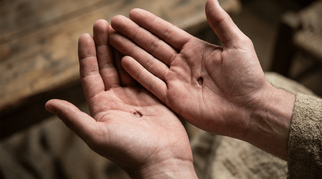 Two open palms with circular wounds in the center of each palm